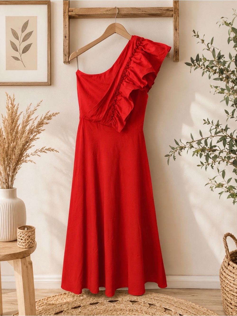 Showpo Red One-Shoulder Ruffle Midi Dress size 4